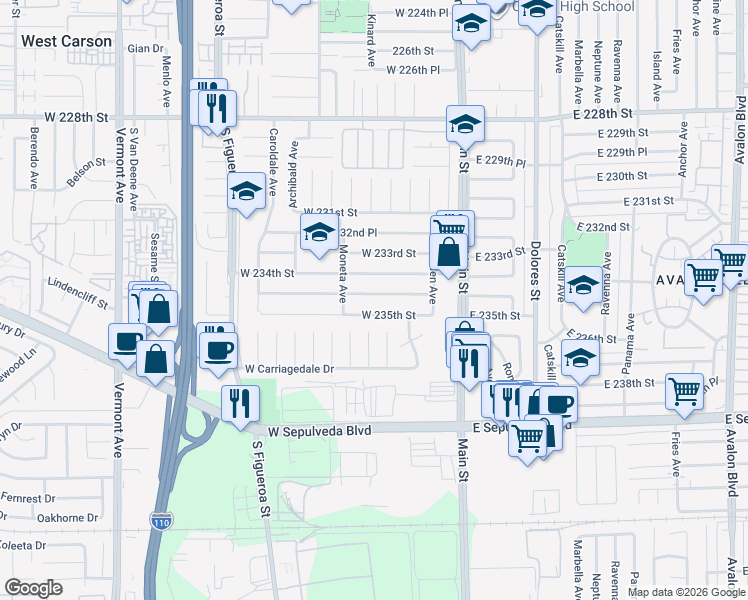map of restaurants, bars, coffee shops, grocery stores, and more near 216 West 234th Place in Carson
