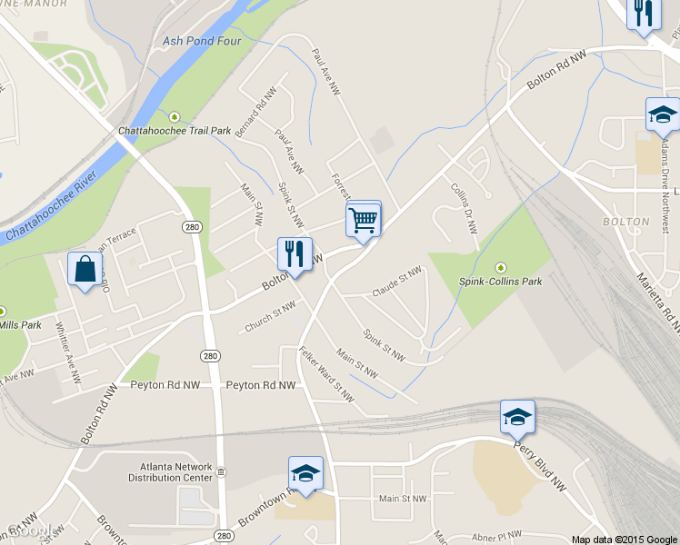 map of restaurants, bars, coffee shops, grocery stores, and more near 2127 Bolton Road Northwest in Atlanta