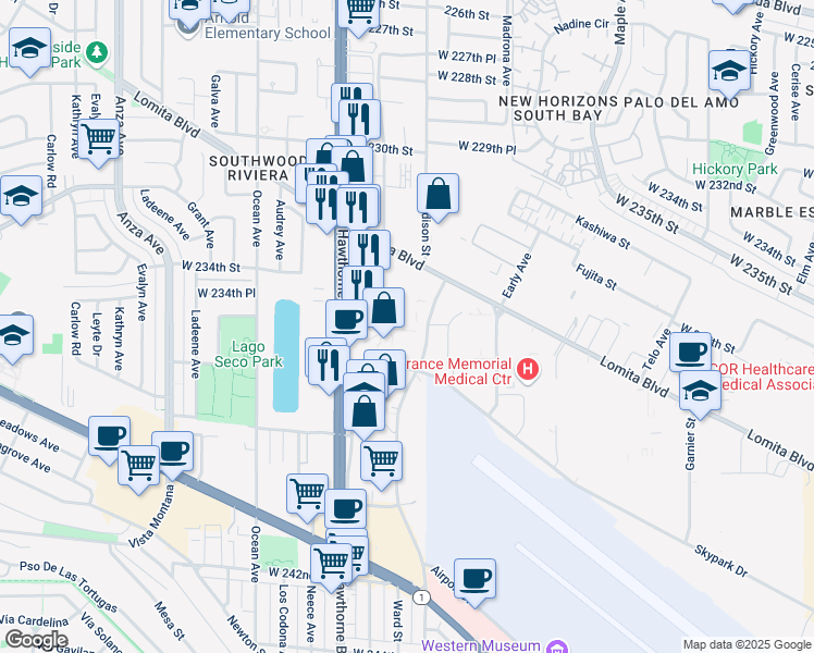 map of restaurants, bars, coffee shops, grocery stores, and more near 23441 Madison Street in Torrance
