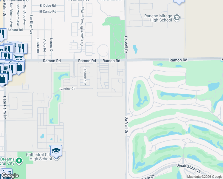 map of restaurants, bars, coffee shops, grocery stores, and more near 69801 Ramon Road in Cathedral City