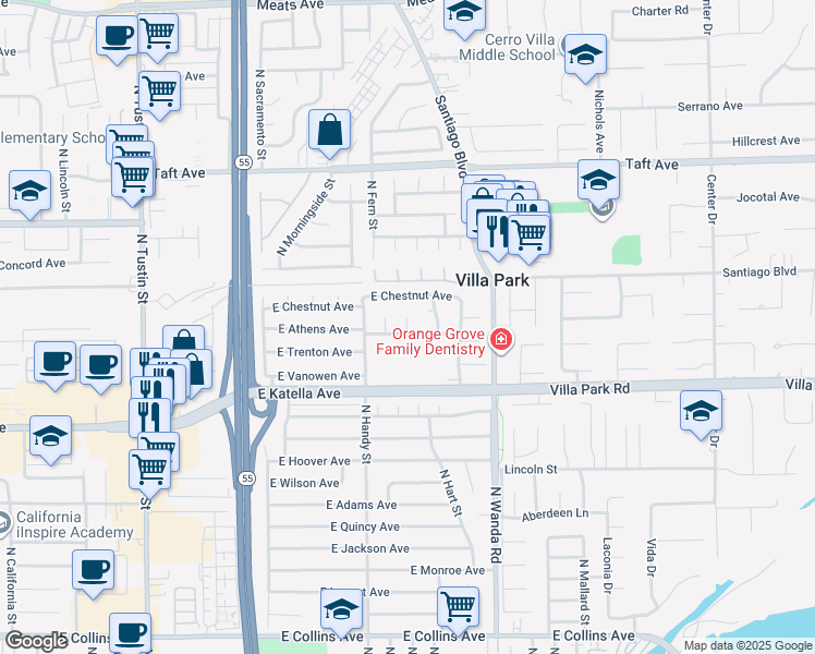 map of restaurants, bars, coffee shops, grocery stores, and more near 773 North Elmwood Street in Orange