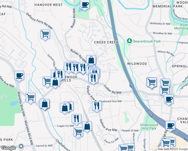 map of restaurants, bars, coffee shops, grocery stores, and more near 2112 Lilly Way Northwest in Atlanta