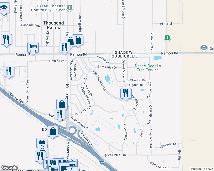 map of restaurants, bars, coffee shops, grocery stores, and more near 32490 San Miguelito Drive in Thousand Palms