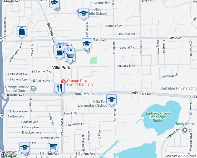 map of restaurants, bars, coffee shops, grocery stores, and more near 18162 Stratford Circle in Villa Park
