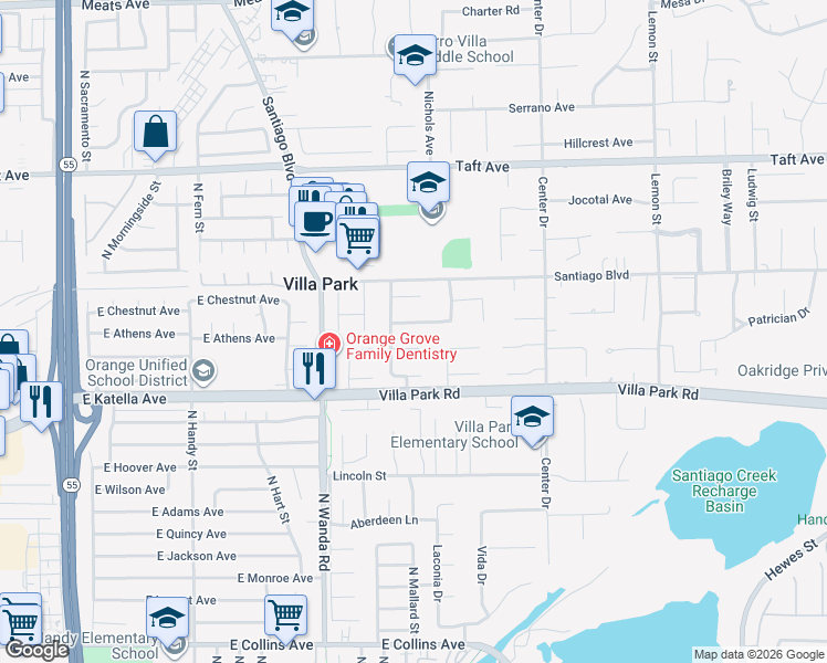 map of restaurants, bars, coffee shops, grocery stores, and more near 17951 Athens Avenue in Villa Park