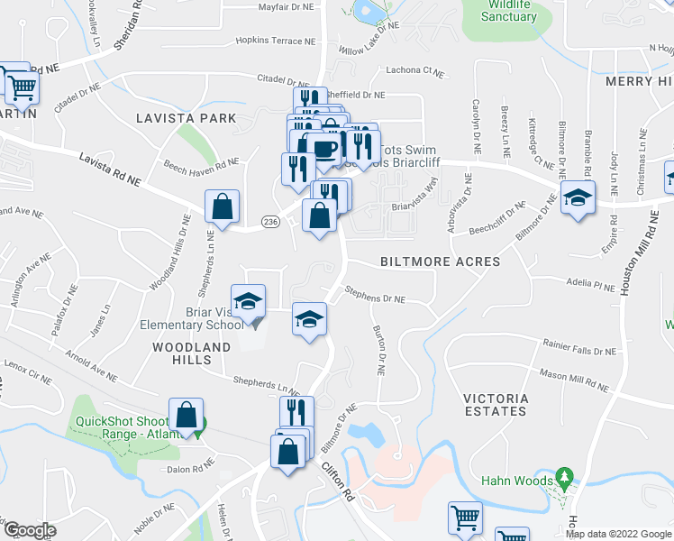 map of restaurants, bars, coffee shops, grocery stores, and more near 1244 Weatherstone Drive Northeast in Atlanta