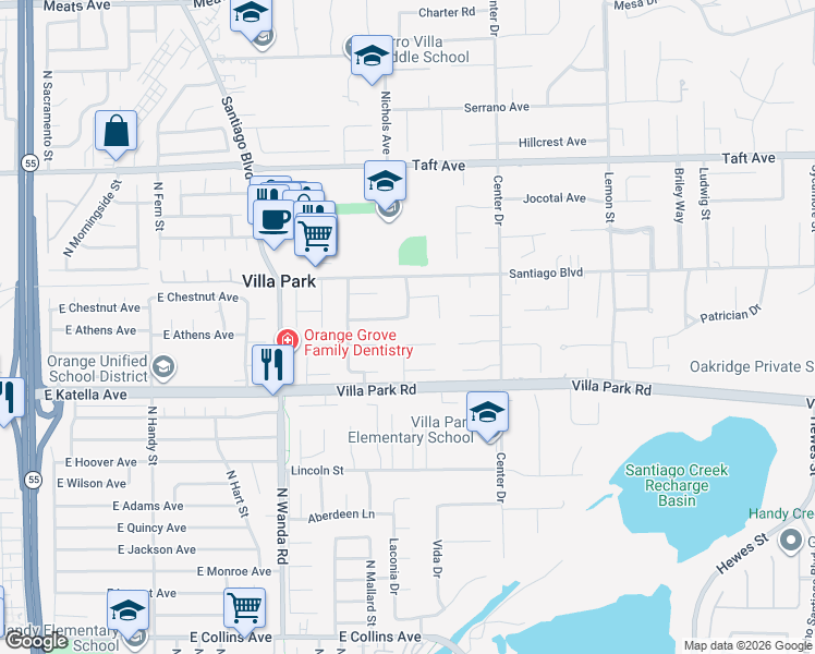 map of restaurants, bars, coffee shops, grocery stores, and more near 18072 Athens Avenue in Villa Park