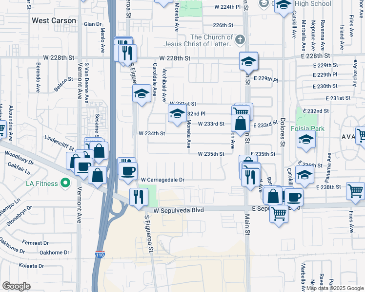 map of restaurants, bars, coffee shops, grocery stores, and more near 312 West 234th Place in Carson