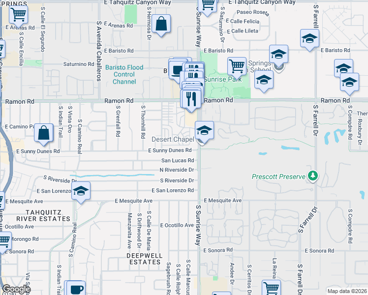 map of restaurants, bars, coffee shops, grocery stores, and more near 1570 East Sunny Dunes Road in Palm Springs