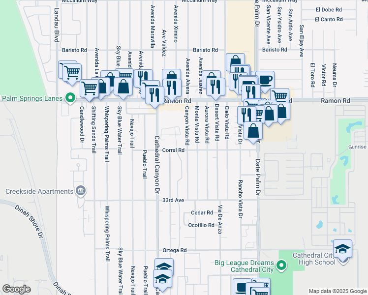 map of restaurants, bars, coffee shops, grocery stores, and more near 32395 Canyon Vista Road in Cathedral City