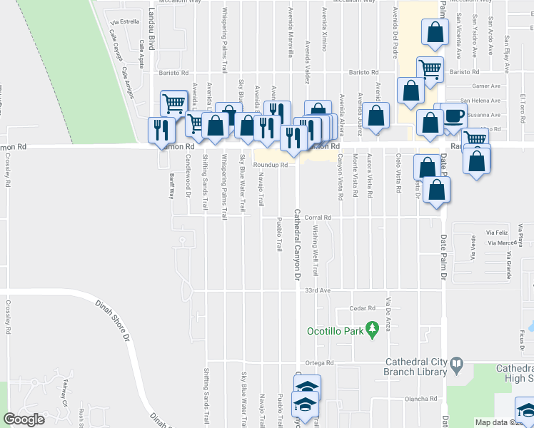 map of restaurants, bars, coffee shops, grocery stores, and more near 32406 Navajo Trail in Cathedral City
