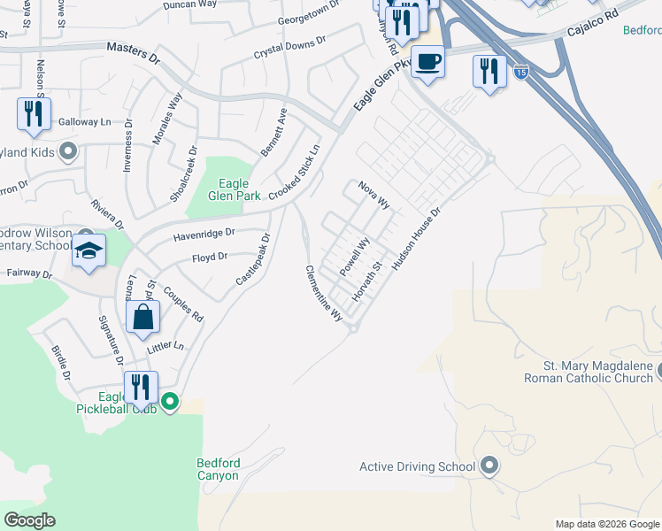 map of restaurants, bars, coffee shops, grocery stores, and more near 4161 Eagle Glen Parkway in Corona