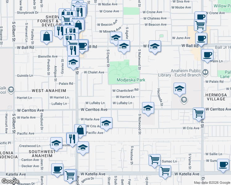 map of restaurants, bars, coffee shops, grocery stores, and more near 1973 West Chanticleer Road in Anaheim