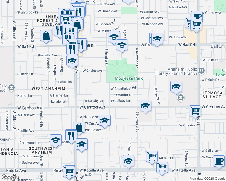 map of restaurants, bars, coffee shops, grocery stores, and more near 1973 West Chanticleer Road in Anaheim
