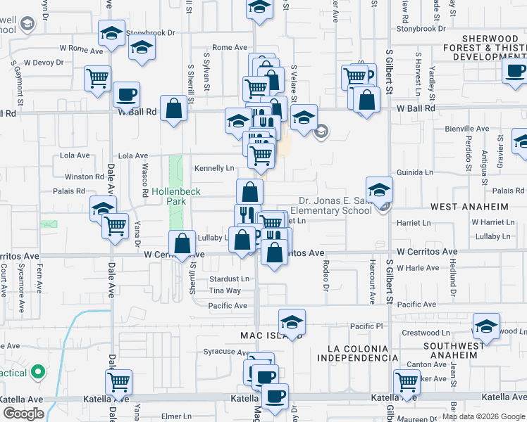 map of restaurants, bars, coffee shops, grocery stores, and more near 2551 West Chanticleer Road in Anaheim