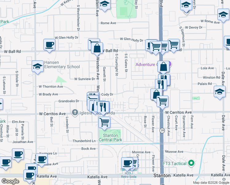 map of restaurants, bars, coffee shops, grocery stores, and more near 10290 Courtright Road in Stanton