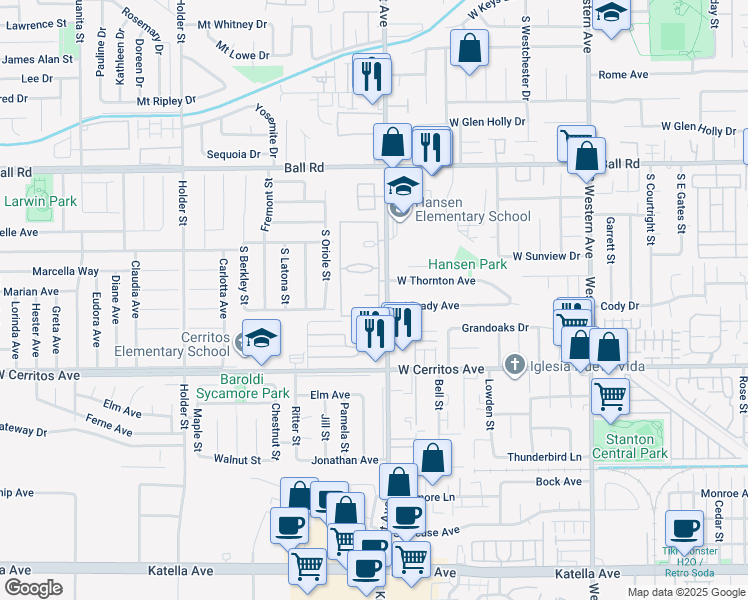 map of restaurants, bars, coffee shops, grocery stores, and more near 3522 West Stonepine Lane in Anaheim