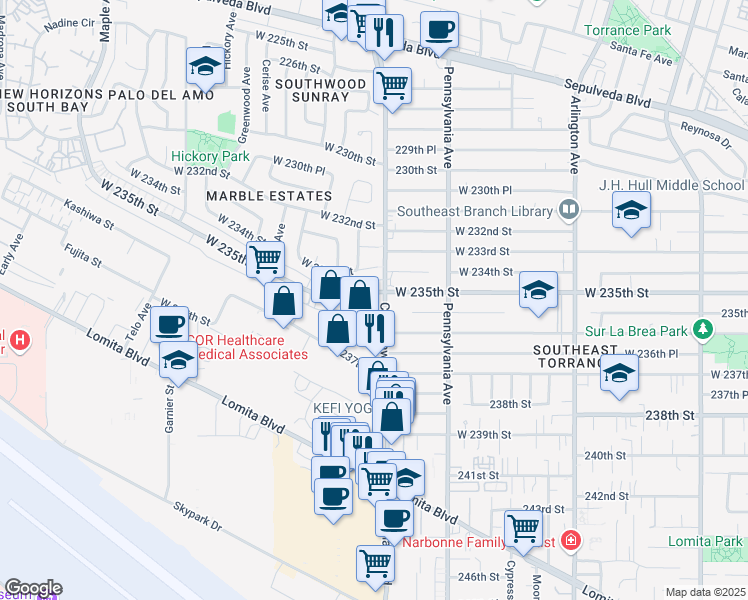 map of restaurants, bars, coffee shops, grocery stores, and more near 23505 Crenshaw Boulevard in Torrance