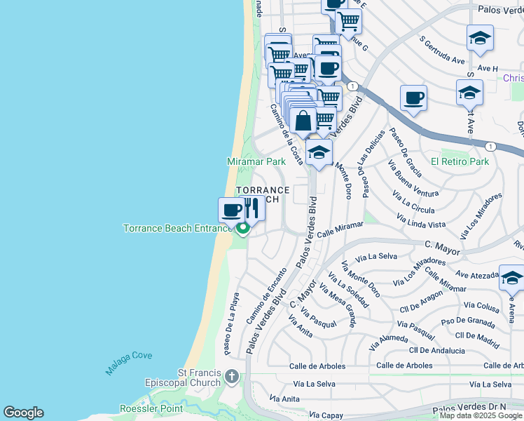 map of restaurants, bars, coffee shops, grocery stores, and more near 142 Paseo De La Concha in Redondo Beach