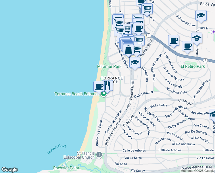 map of restaurants, bars, coffee shops, grocery stores, and more near 326 Paseo De La Playa in Redondo Beach