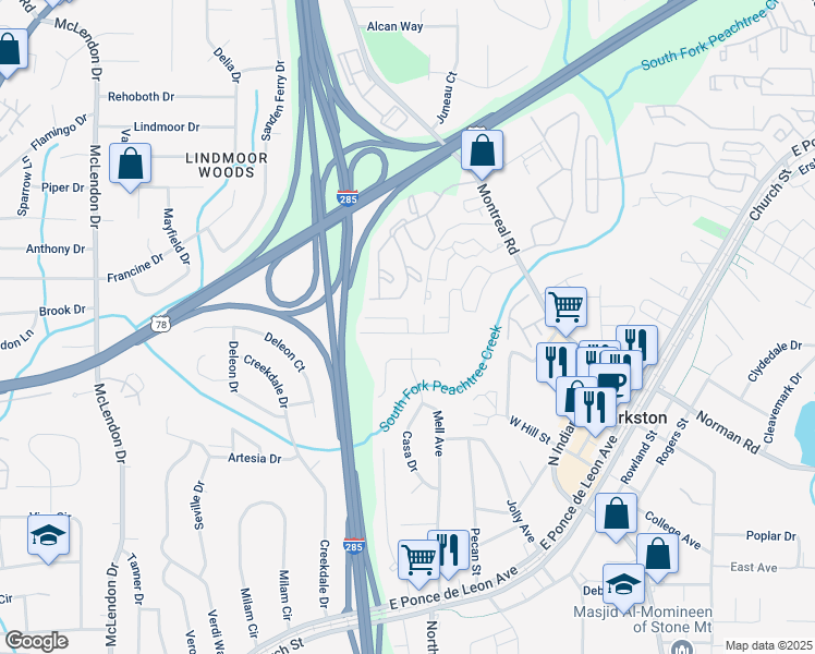 map of restaurants, bars, coffee shops, grocery stores, and more near in Clarkston