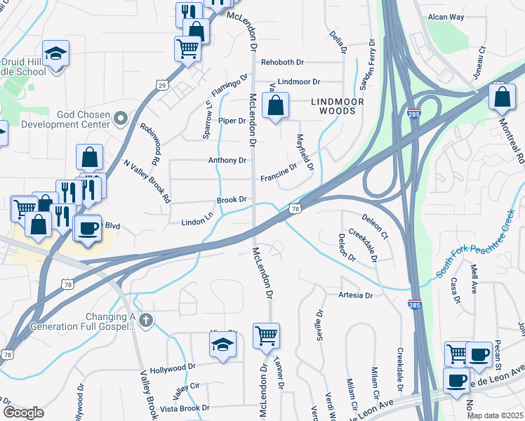map of restaurants, bars, coffee shops, grocery stores, and more near 1131 Mayfield Drive in Decatur