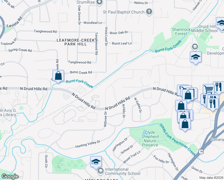 map of restaurants, bars, coffee shops, grocery stores, and more near 1165 Arbordale Drive in Decatur