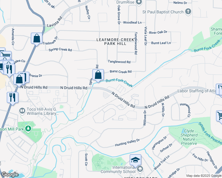 map of restaurants, bars, coffee shops, grocery stores, and more near 1127 Provence Lane in Decatur