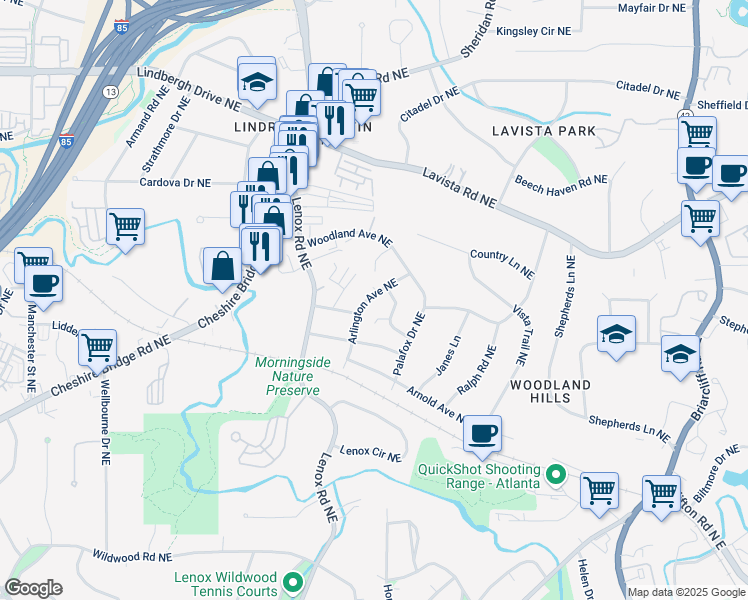 map of restaurants, bars, coffee shops, grocery stores, and more near 2121 Arlington Avenue Northeast in Atlanta