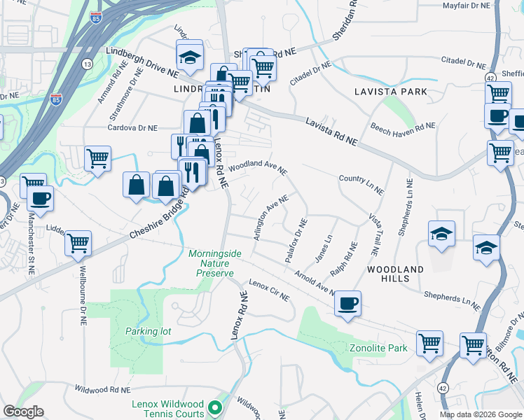 map of restaurants, bars, coffee shops, grocery stores, and more near 1114 Hampton Way Northeast in Atlanta