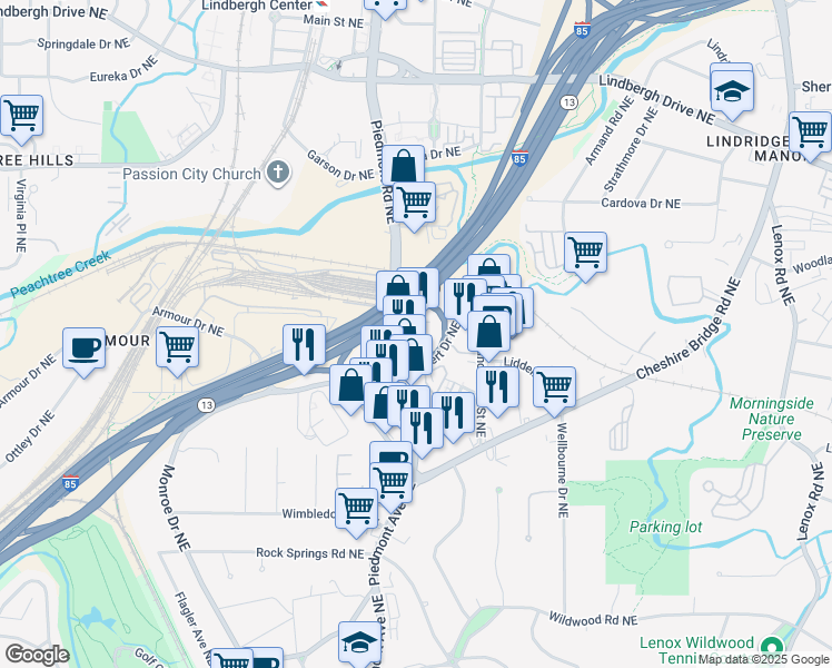 map of restaurants, bars, coffee shops, grocery stores, and more near 2115 Squire Place Northeast in Atlanta