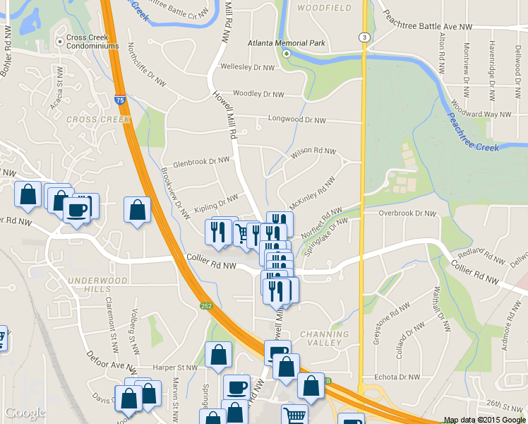 map of restaurants, bars, coffee shops, grocery stores, and more near 2113 Howell Mill Road Northwest in Atlanta