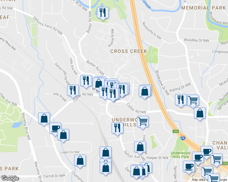 map of restaurants, bars, coffee shops, grocery stores, and more near 2112 Lilly Way Northwest in Atlanta