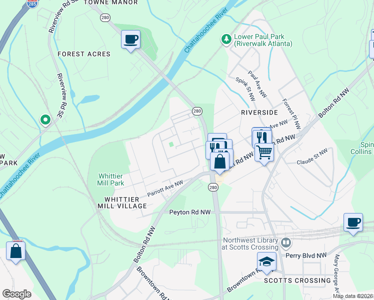 map of restaurants, bars, coffee shops, grocery stores, and more near 2066 Village Crest Drive Northwest in Atlanta