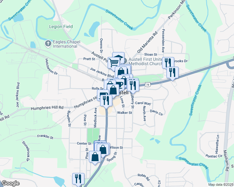map of restaurants, bars, coffee shops, grocery stores, and more near in Austell