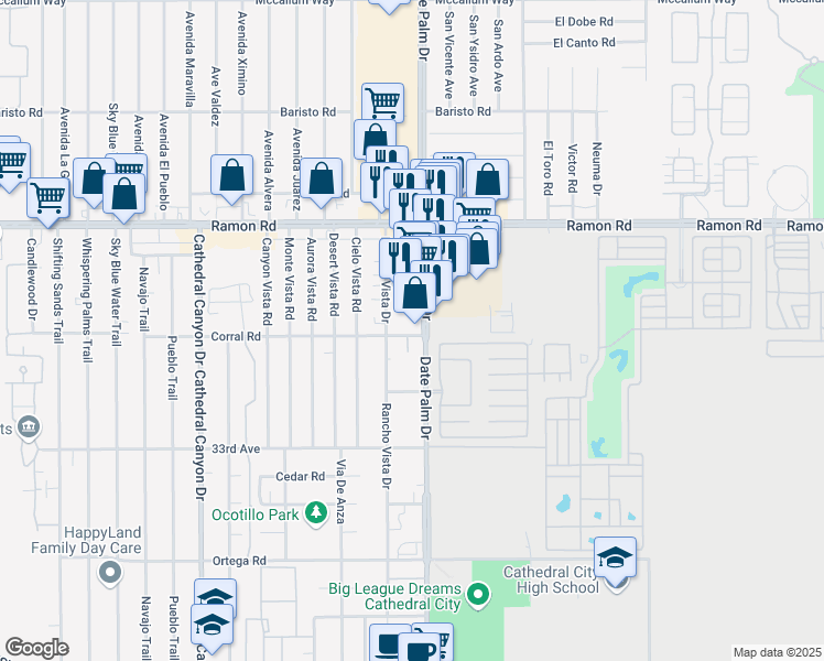 map of restaurants, bars, coffee shops, grocery stores, and more near 32475 Date Palm Drive in Cathedral City
