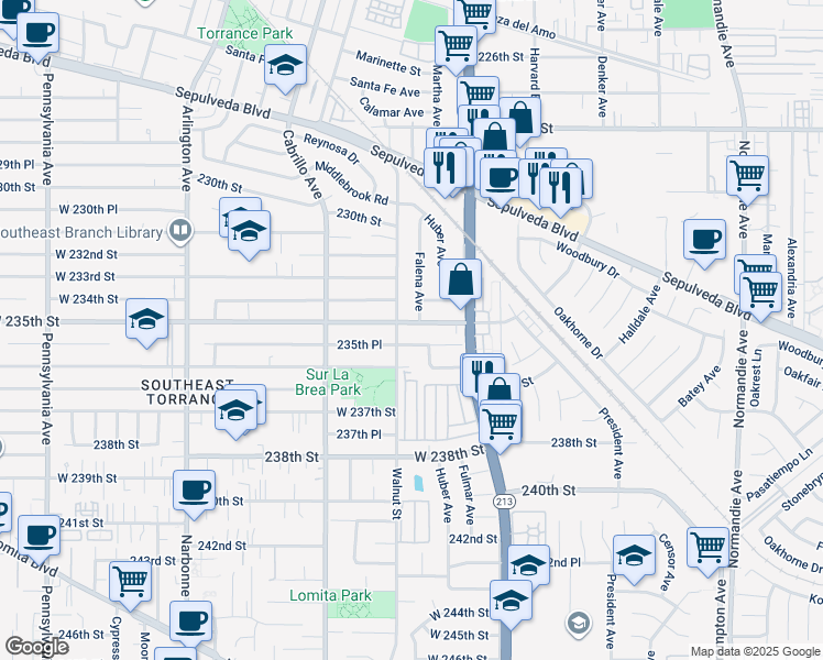 map of restaurants, bars, coffee shops, grocery stores, and more near 23415 Falena Avenue in Torrance