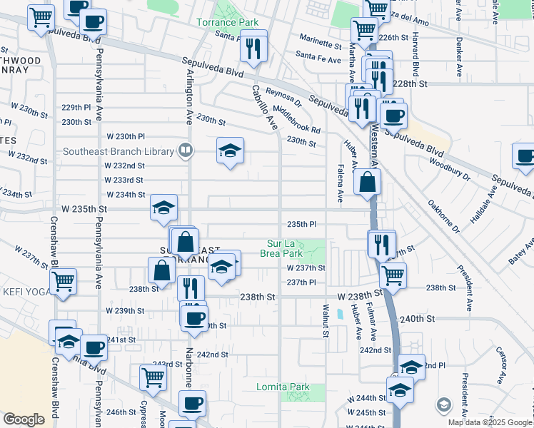map of restaurants, bars, coffee shops, grocery stores, and more near 2024 West 235th Street in Torrance