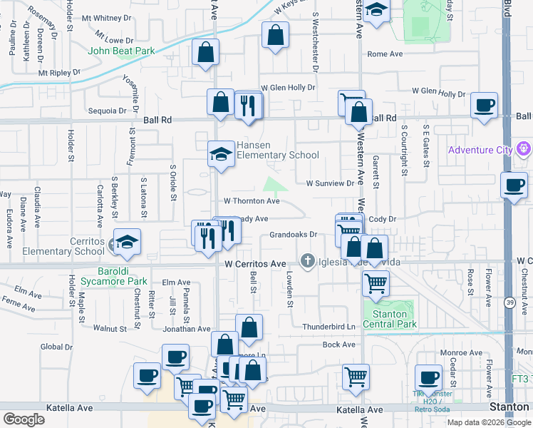 map of restaurants, bars, coffee shops, grocery stores, and more near 3359 West Brady Avenue in Anaheim
