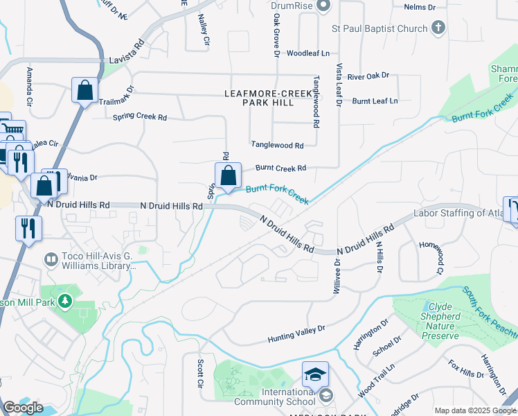 map of restaurants, bars, coffee shops, grocery stores, and more near 1127 Provence Lane in Decatur