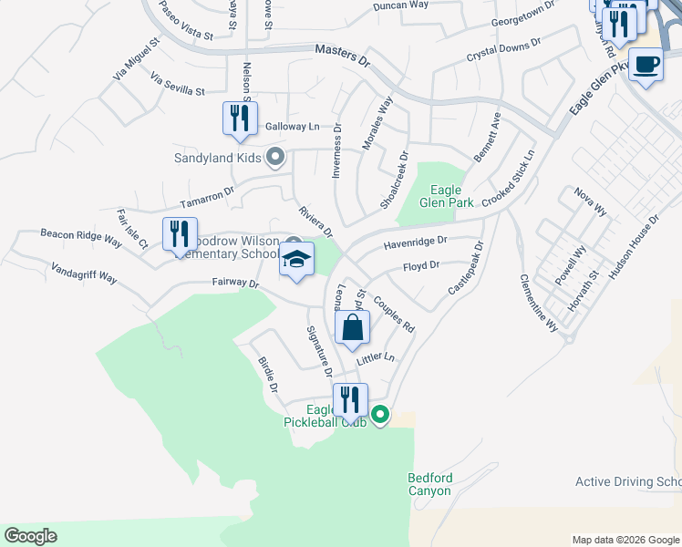 map of restaurants, bars, coffee shops, grocery stores, and more near 1790 Spyglass Drive in Corona