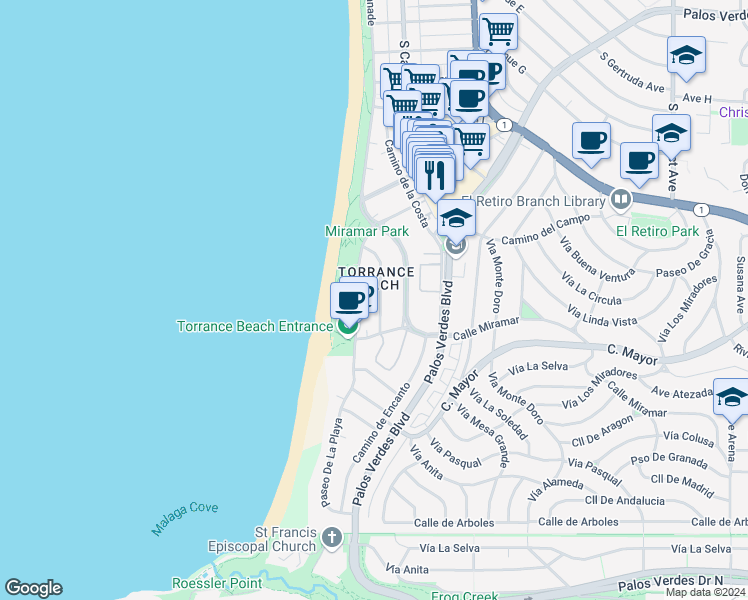 map of restaurants, bars, coffee shops, grocery stores, and more near 151 Paseo De La Concha in Redondo Beach