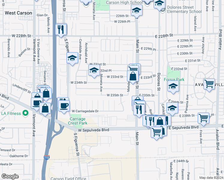 map of restaurants, bars, coffee shops, grocery stores, and more near 216 West 234th Place in Carson