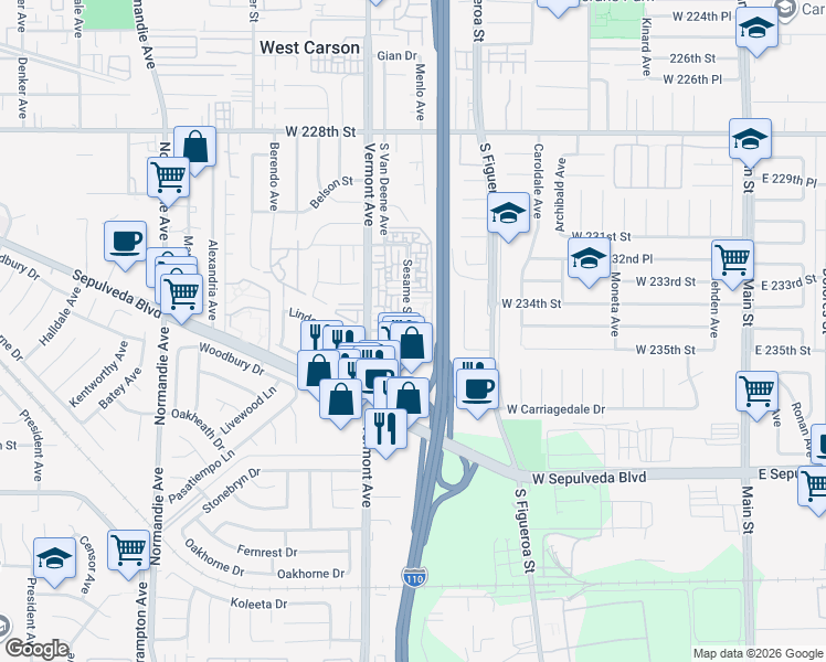 map of restaurants, bars, coffee shops, grocery stores, and more near 23304 Sesame Street in Torrance
