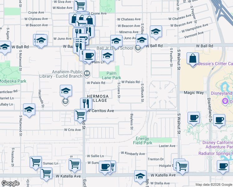 map of restaurants, bars, coffee shops, grocery stores, and more near 1413 South Loara Street in Anaheim
