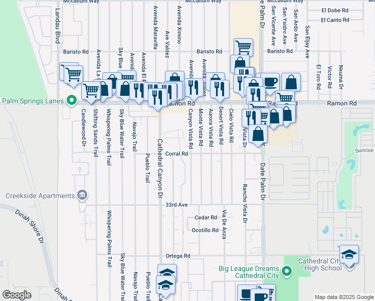 map of restaurants, bars, coffee shops, grocery stores, and more near 32395 Canyon Vista Road in Cathedral City