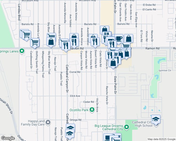 map of restaurants, bars, coffee shops, grocery stores, and more near 32410 Monte Vista Road in Cathedral City