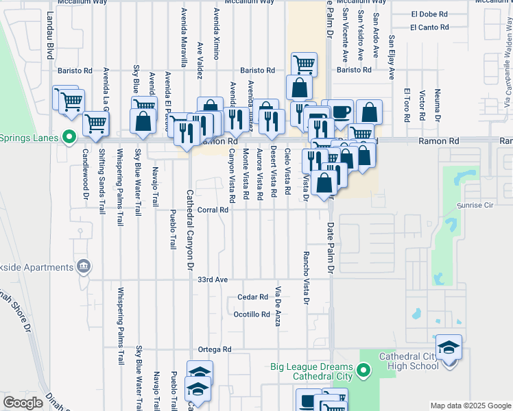 map of restaurants, bars, coffee shops, grocery stores, and more near 32455 Aurora Vista Road in Cathedral City