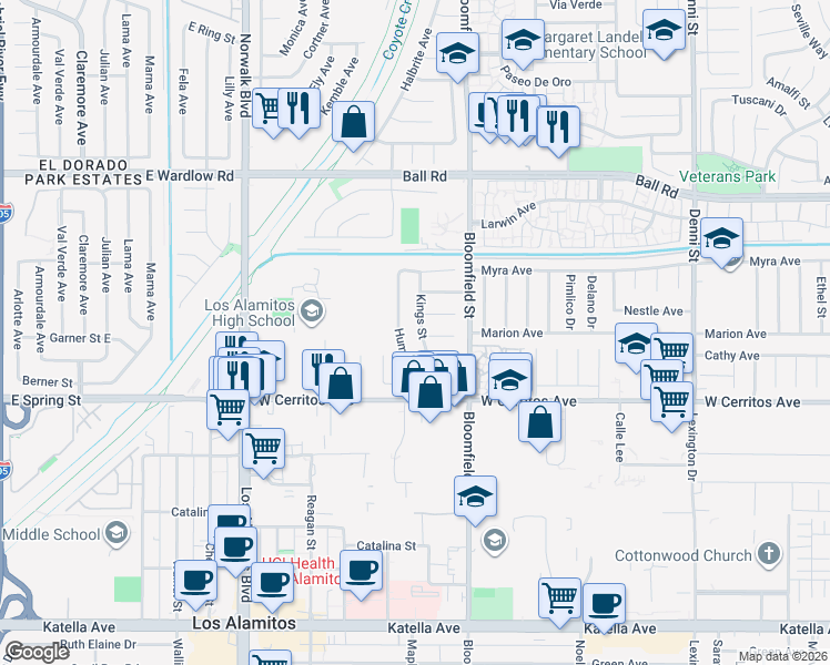 map of restaurants, bars, coffee shops, grocery stores, and more near 10281 Kings Street in Los Alamitos