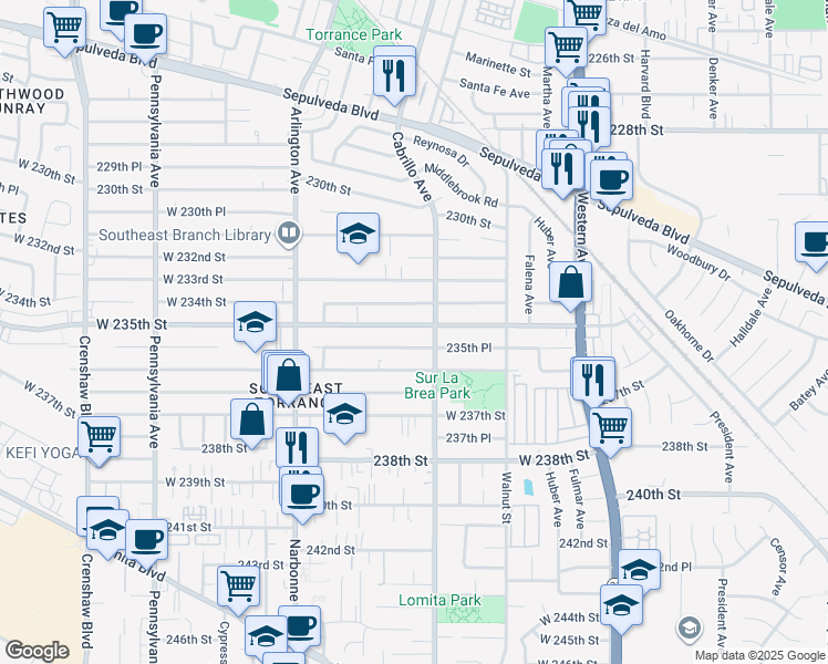 map of restaurants, bars, coffee shops, grocery stores, and more near 2024 West 235th Street in Torrance